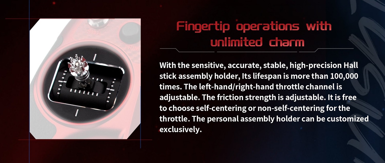 FLYSKY Elysium EL18 Transmitter, Hall stick assembly holder's lifespan is more than 100,000 times . the left-hand