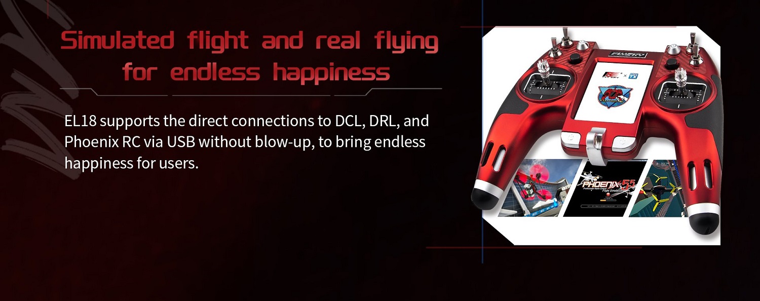 FLYSKY Elysium EL18 Transmitter, EL18 supports direct connections to DCL, DRL, and Phoenix RC via USB