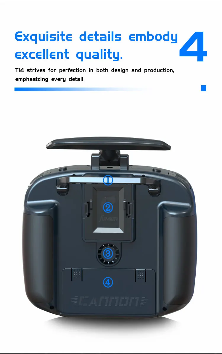 جهاز إرسال Jumper T14 - 2.4 جيجا هرتز/915 ميجا هرتز 1 وات ELRS VS-M CNC Hall Sensor Gimbals 2.42 بوصة شاشة OLED EdgeTX وحدة تحكم راديو لطائرة FPV RC Racer Drone 14 Jumper T14 Transmitter, 4 strives for perfection in both design ad production; emphasizing every detail