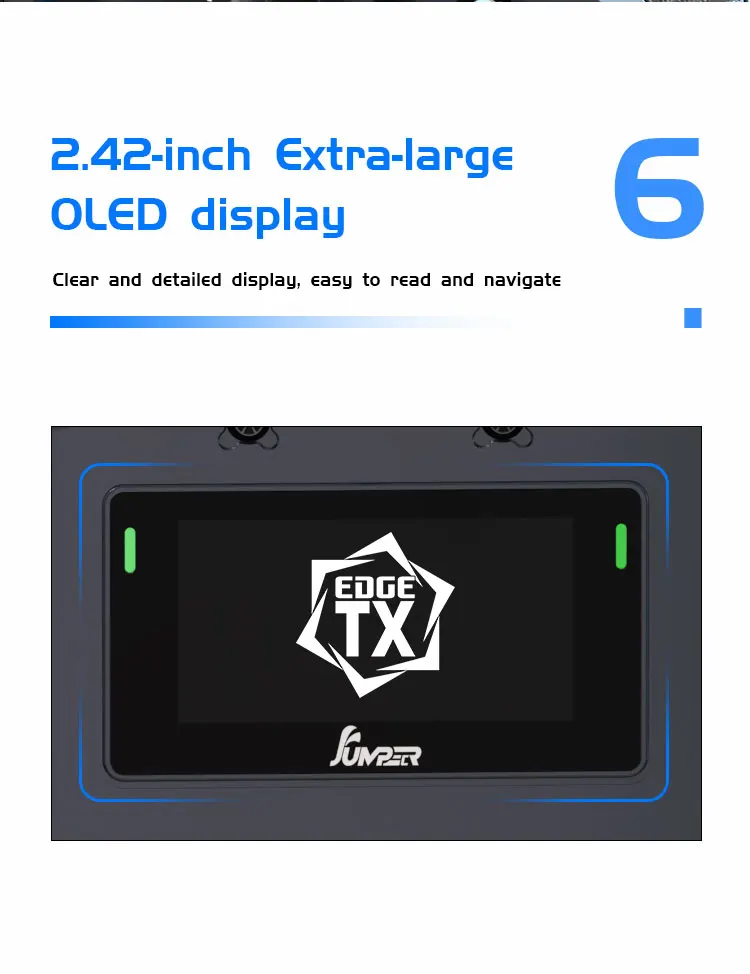 جهاز إرسال Jumper T14 - 2.4 جيجا هرتز/915 ميجا هرتز 1 وات ELRS VS-M CNC Hall Sensor Gimbals 2.42 بوصة شاشة OLED EdgeTX وحدة تحكم راديو لطائرة FPV RC Racer Drone 17 Jumper T14 Transmitter, 2.42-inch extra-large OLCD display 6 Clear ad detailed display;