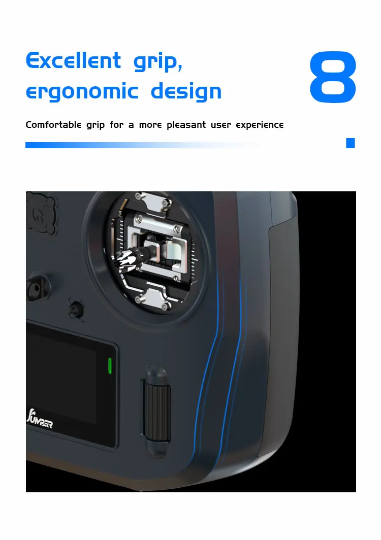 جهاز إرسال Jumper T14 - 2.4 جيجا هرتز/915 ميجا هرتز 1 وات ELRS VS-M CNC Hall Sensor Gimbals 2.42 بوصة شاشة OLED EdgeTX وحدة تحكم راديو لطائرة FPV RC Racer Drone 19 Jumper T14 Transmitter, excellent grip, ergonomic design 8 Comfortable grip for more pleasant user experience bw