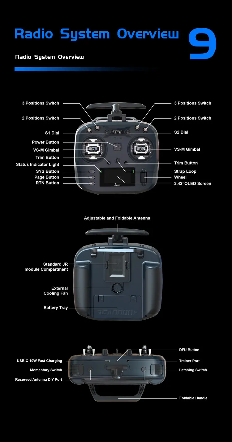 جهاز إرسال Jumper T14 - 2.4 جيجا هرتز/915 ميجا هرتز 1 وات ELRS VS-M CNC Hall Sensor Gimbals 2.42 بوصة شاشة OLED EdgeTX وحدة تحكم راديو لطائرة FPV RC Racer Drone 20 Jumper T14 Transmitter, Radio System Overvieu Radio System Overview 9 Positions Switches . 2 Positions