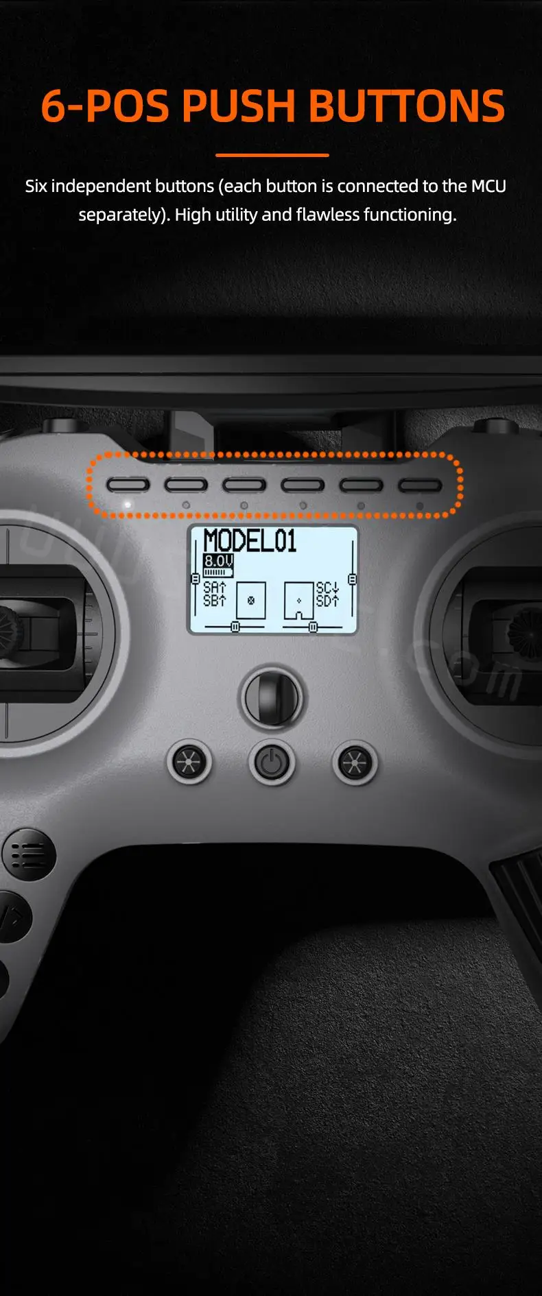 Jumper T Pro Radio Controller, 6-POS PUSH BUTTONS (each button is connected to the MCU separately