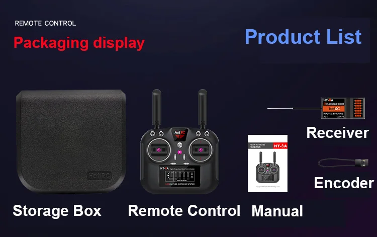 Hotrc HT-8A 2.4G 8CH RC الارسال FHSS & جهاز استقبال 8CH مع صندوق لطائرة هليكوبتر بدون طيار FPV بدون طيار Rc 26 REMOTE CONTROL Packaging display Product List Fene Receiver Ht8a