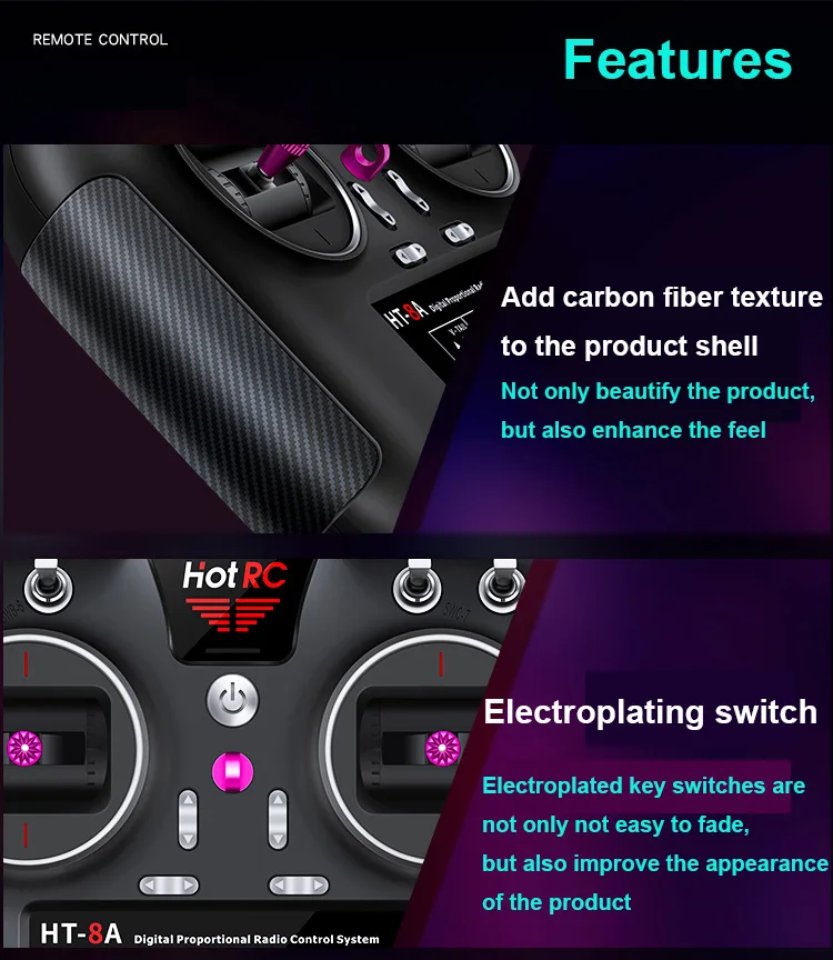 Hotrc HT-8A 2.4G 8CH RC الارسال FHSS & جهاز استقبال 8CH مع صندوق لطائرة هليكوبتر بدون طيار FPV بدون طيار Rc 30 REMOTE CONTROL Features Add carbon fiber texture to the product shell Not only beaut