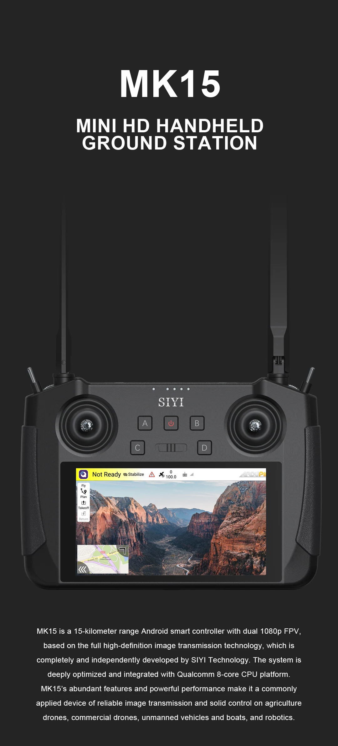 جهاز إرسال SIYI MK15 - جهاز إرسال نظام راديو صغير محمول FPV بدون طيار للتحكم عن بعد 15KM 1080P 5.5 بوصة شاشة HB Android OS 2G RAM 16G ROM 15