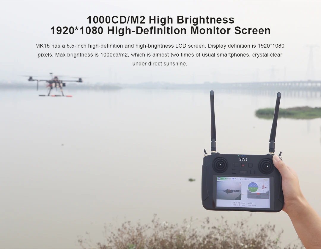 جهاز إرسال SIYI MK15 - جهاز إرسال نظام راديو صغير محمول FPV بدون طيار للتحكم عن بعد 15KM 1080P 5.5 بوصة شاشة HB Android OS 2G RAM 16G ROM 20