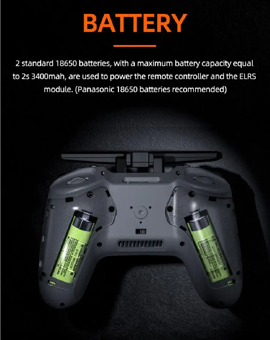 BATTERY 2 standard 18650 batteries with a maximum battery capacity equal to 2s