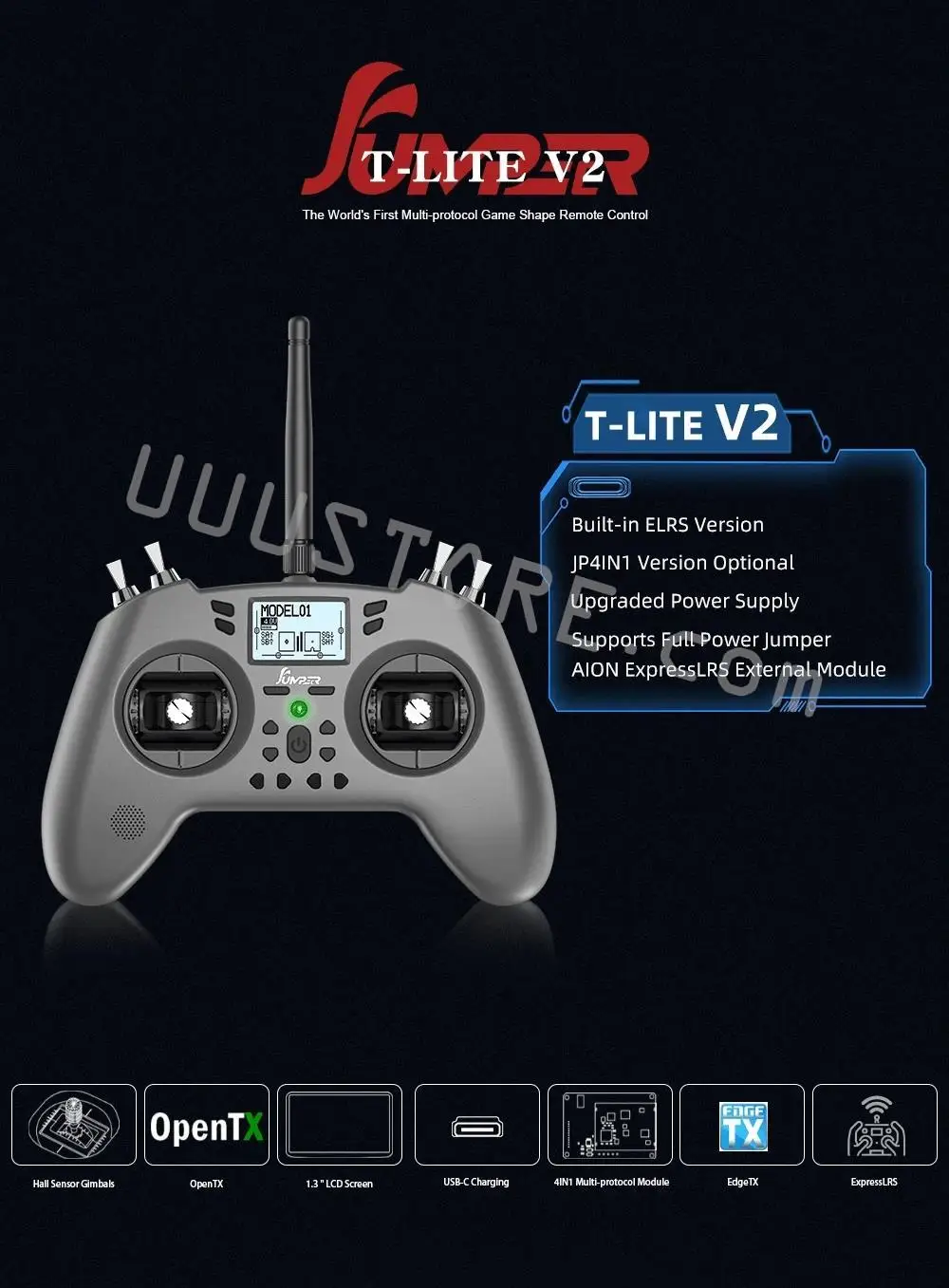 جهاز إرسال Jumper T-Lite V2 - جهاز إرسال OpenTX متعدد البروتوكولات 2.4 جيجا هرتز 16 قناة بمستشعر قاعة ELRS/ JP4IN1 مدمج لجهاز التحكم عن بعد RC Drone Airplane FPV 7 Jumper T-Lite V2 Transmitter, T-LITE V2 The World s First Multi-protocol Game Shape Remote