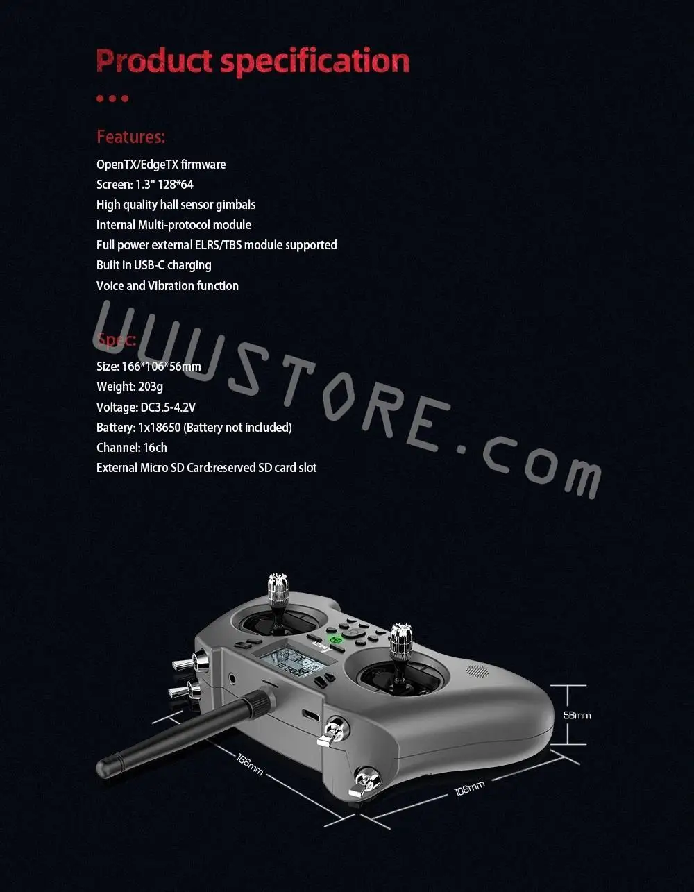 جهاز إرسال Jumper T-Lite V2 - جهاز إرسال OpenTX متعدد البروتوكولات 2.4 جيجا هرتز 16 قناة بمستشعر قاعة ELRS/ JP4IN1 مدمج لجهاز التحكم عن بعد RC Drone Airplane FPV 16 Jumper T-Lite V2 Transmitter, 166*106* Weight: 203g Voltage: DC3.5-4.2V Battery