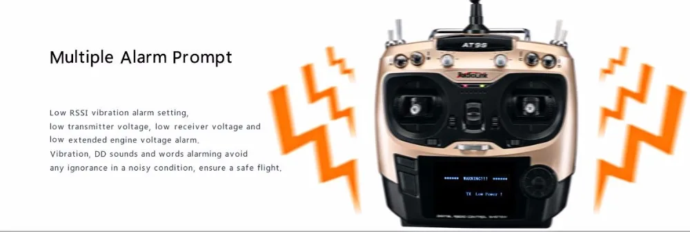 Radiolink AT9S Transmitter, Multiple Alarm Prompt Low RSSI vibration alarm setting 4 low transmitter voltage, low receiver voltage