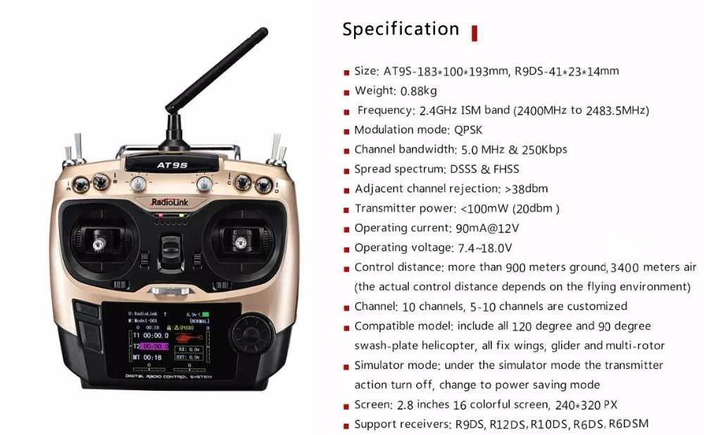 Radiolink AT9S Transmitter, DAEL N7oo swash-plate helicopter, all fix wings, glide