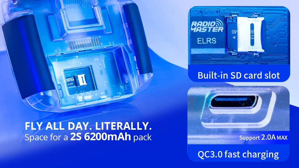 RadioMaster Boxer إصدار شفاف - جهاز إرسال ExpressLRS 2.4G 16ch Hall Gimbals للتحكم عن بعد 21 RadioMaster Boxer Transparent Version, built-in SD card slot 1388 ElRS FLY ALL DAY. LITERALL