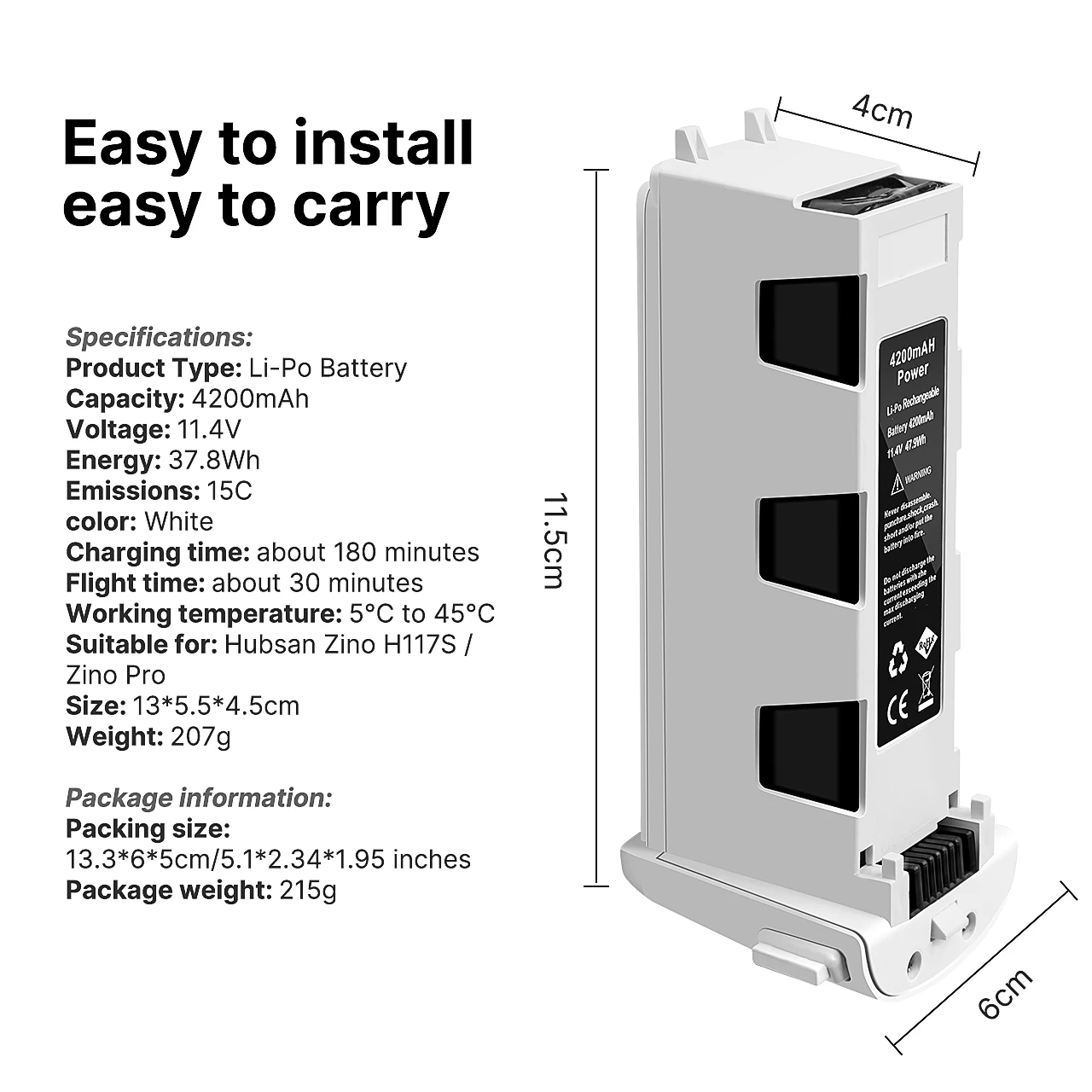 Hubsan H117S Zino Battery, Suitable for: Hubsan Zino H11ZS / Zino Pro Size
