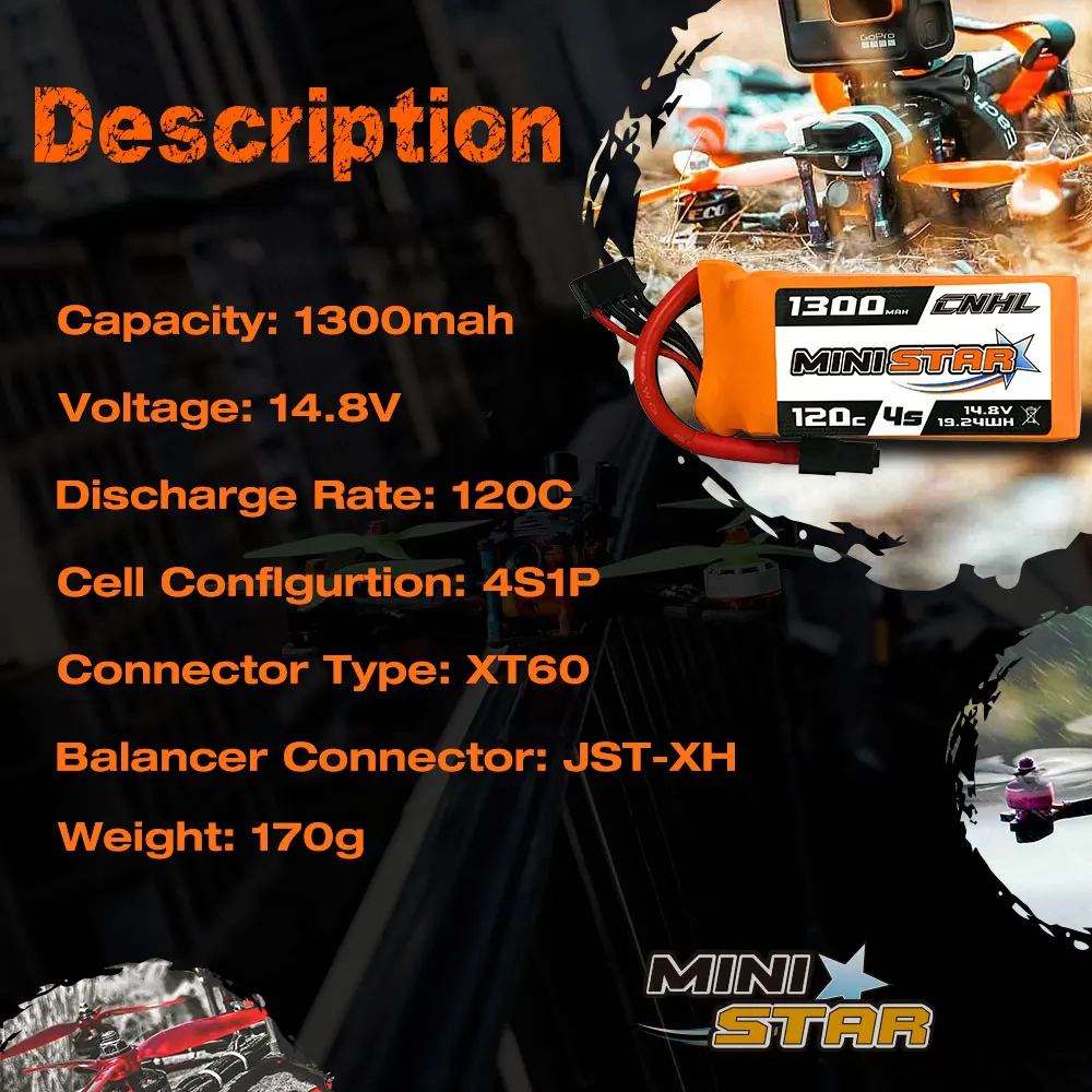4PCS CNHL 4S 14.8V Lipo Battery for FPV Drone, Description 1300 Amn CNHL Capacity: 130Omah COND