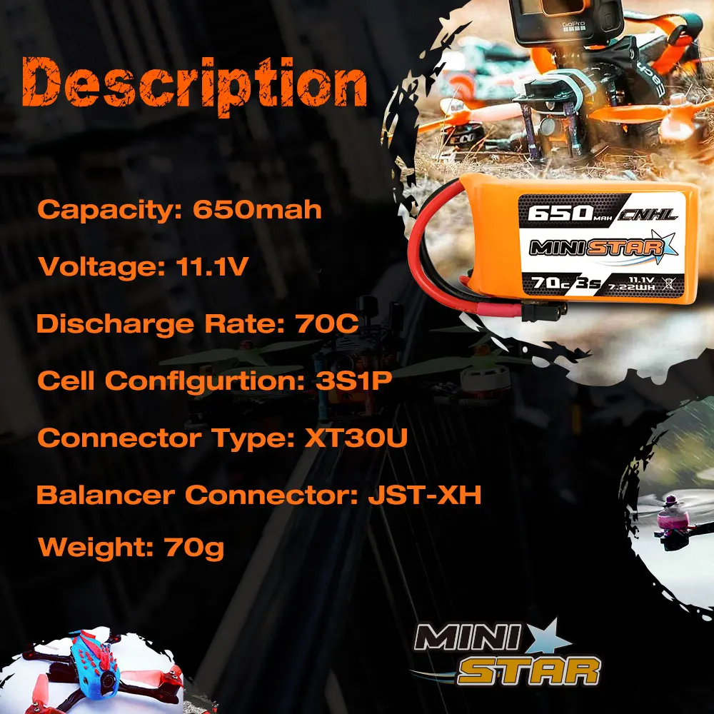 3PCS CNHL 11.1V 650mAh Lipo 3S Battery for FPV, Capacity: 650mah 650 ENHL CNISUQ3 Vol