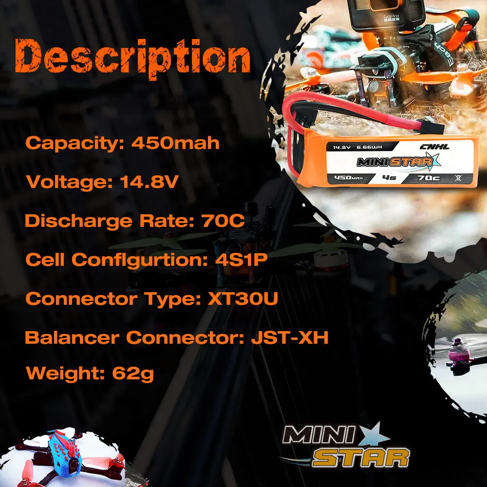 4PCS CNHL Lipo 4S 14.8V Battery for FPV, Capacity: 450mah JuanY B6GWH EUAL MINISU