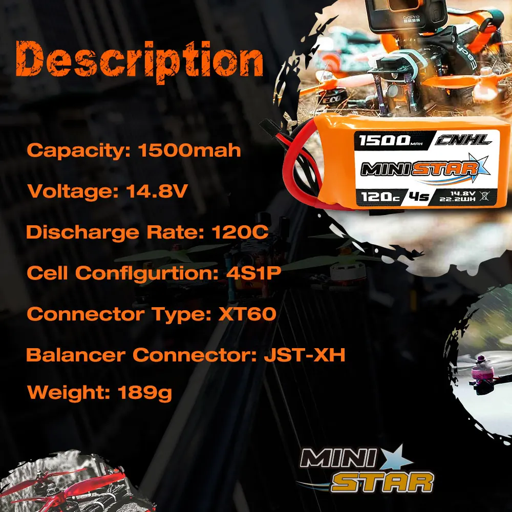 2PCS CNHL 14.8V Lipo 4S  Battery for FPV Drone, Description 1S00 DNHI Capacity: 150Omah CNIEU