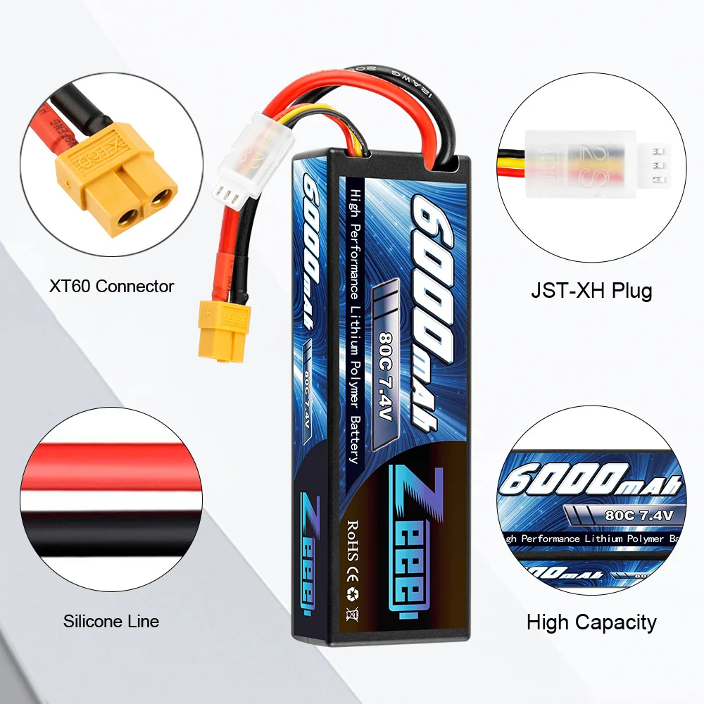 1/2 وحدة بطارية Zeee LiPo 2S 7.4V 6000mAh - 80C XT60 Plug RC أجزاء Hardcase Lipo 2S للطائرات RC سيارة شاحنة دبابات قوارب FPV الطائرة بدون طيار 17 1/2Units Zeee LiPo Battery, Zeee LiPo Battery 2S 7.4V 6000mAh - 80C