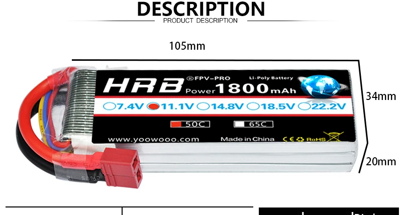 HRB 11.1V 1800mah 3S XT60 EC5 Lipo Battery XT90 EC2 T Deans EC3 RC Parts 50C For FT012 Racing Boat Car Airplane Copter FPV Drone 9 105mm WFpv_Pro Foiy Wators HrB Power 800