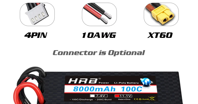 HRB Lipo 8000mah Battery, APIN 1OAWG XT6O Connector I5 Optional HRB pot