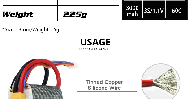 HRB Lipo Battery, 3000 3S/1.1V 60C Weight 225g mah #Size +