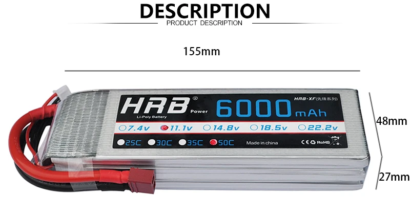 HRB Lipo 3S Battery, Deans T EC5 Female Helic