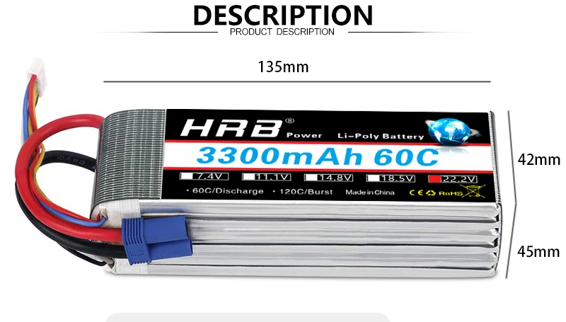 HRB Lipo 6S 3300mah 22.2V Battery, PRODUCT DESCRIPTION 135mm HRB Power Lepo Batie