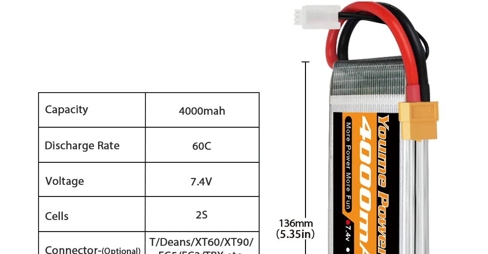 2 قطعة بطارية ليبو Youme 7.4V 2S - 3300mah 4500mah 5200mah 6200mah 6500mah Hardcase T Deans XT60 XT90 EC5 EC3 حافظة صلبة أجزاء RC 10 2PCS Youme 7.4V 2S Lipo Battery, Capacity 40oOmah Discharge Rate 60C Voltage 74V
