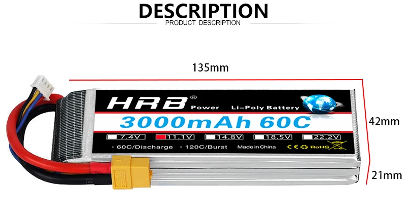 HRB 3S 11.1V 3000mah Lipo Battery, PRODUCT DESCRIPTION 135mm HRZ Powe Lipo Battor