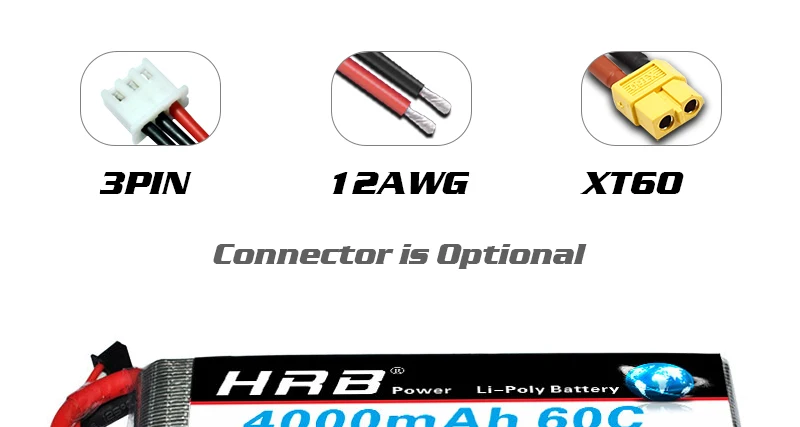 HRB Lipo 2S Battery, 3PIN 1ZAWG XT6O Connector i5 Optional HR