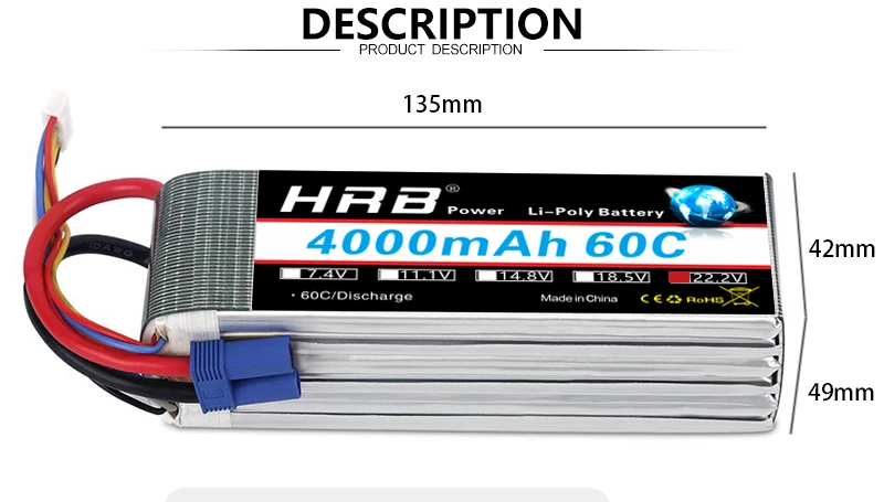 HRB 22.2V 4000mah Lipo 6S Battery, PRODUCT DESCRIPTION 135mm HRB Poe Li-Polv But