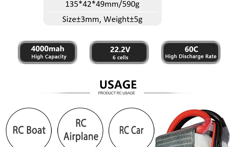 HRB 22.2V 4000mah Lipo 6S Battery, 135*42*49mml= 1590g Sizet3mm, Weightt