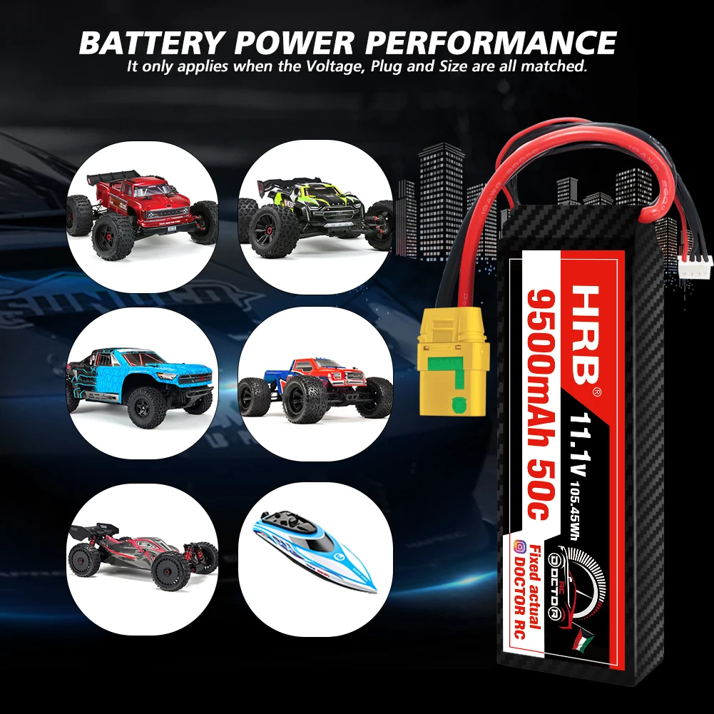 HRB 3S Lipo Battery 11.1V 9500mah - 120C Hard Case XT60 T EC2 EC3 EC5 XT90 XT30 for For RC Car Truck Monster Boat Drone RC Toy 9 HRB 3S Lipo Battery, BATTERY POWER PERFORMANCE Only applies when the Voltage, and Size