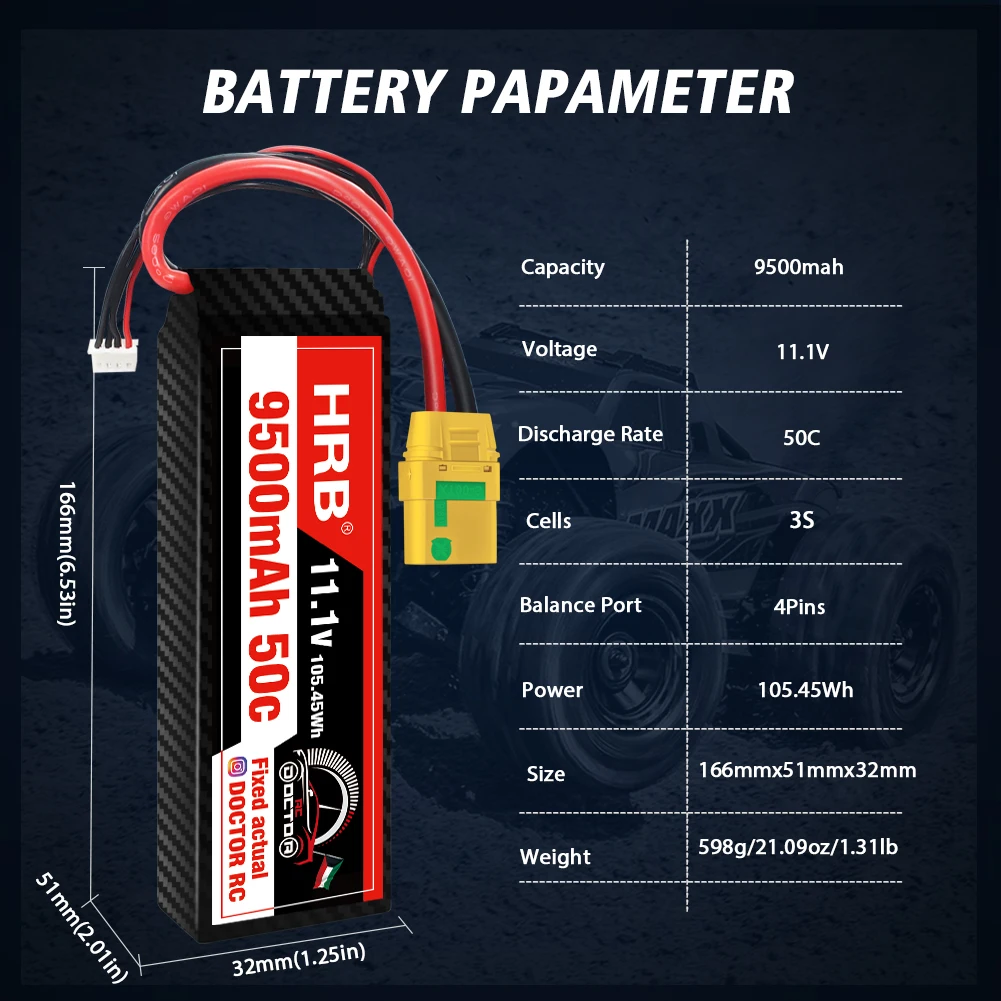 HRB 3S Lipo Battery 11.1V 9500mah - 120C Hard Case XT60 T EC2 EC3 EC5 XT90 XT30 for For RC Car Truck Monster Boat Drone RC Toy 11 HRB 3S Lipo Battery, BATTERY PAPAMETER Capacity 9500mah Voltage 11.
