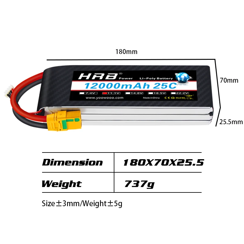 HRB Lipo 3S Battery 11.1V 12000mah - 25C XT60 T EC2 EC3 EC5 XT90 XT30 for For RC Car Truck Monster Boat FPV Drone RC Toy 10 HRB Lipo 3S Battery, 8ozoxz5-5 Weight:737g Size f3mmWWe