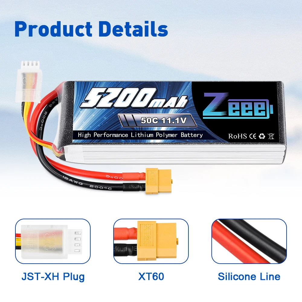 Zeee 3S Lipo Battery - 11.1V 50C 5200mAh XT60 Plug for RC Car Helicopter Quadcopter Boat RC Airplane FPV Drone Battery 17 Zeee 3S Lipo Battery, Wus JST-XH Plug XT6O Silicone Line 36ge L