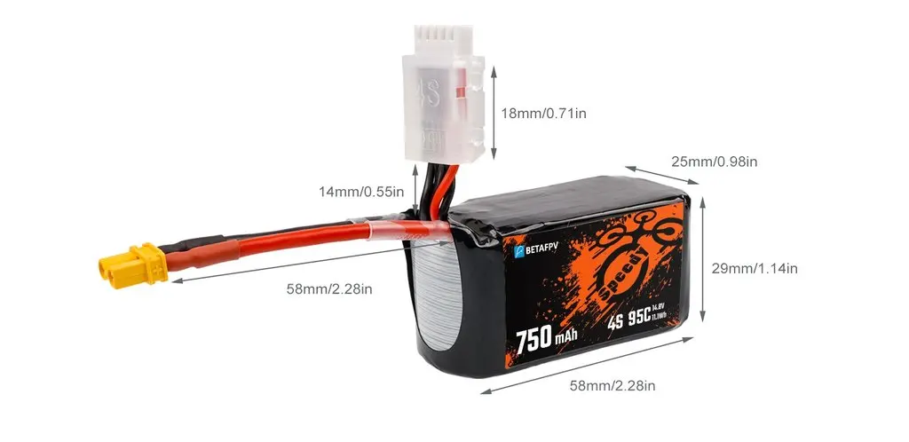 the shape of this battery makes it works great on 4S whoop drones like Beta