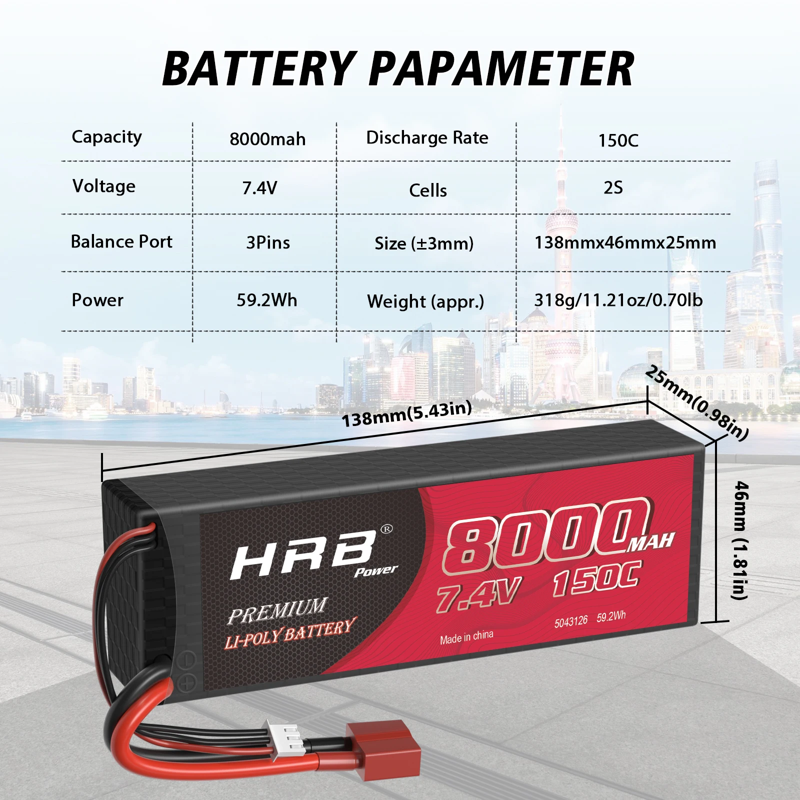 HRB Lipo 2S 2S2P Battery, BATTERY PAPAMETER Capacity 80OOmah Discharge Rate
