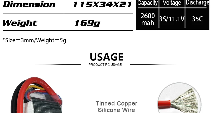 HRB 3S 11.1V Lipo Battery, 169g mah Bsniv 35C #Size +3mm/