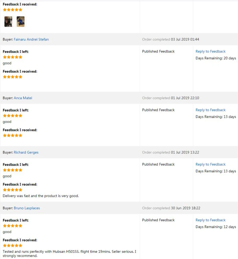 Q6 Drone Battery, Feedback received: 13 days good . i left: Published Feedback Reply t0