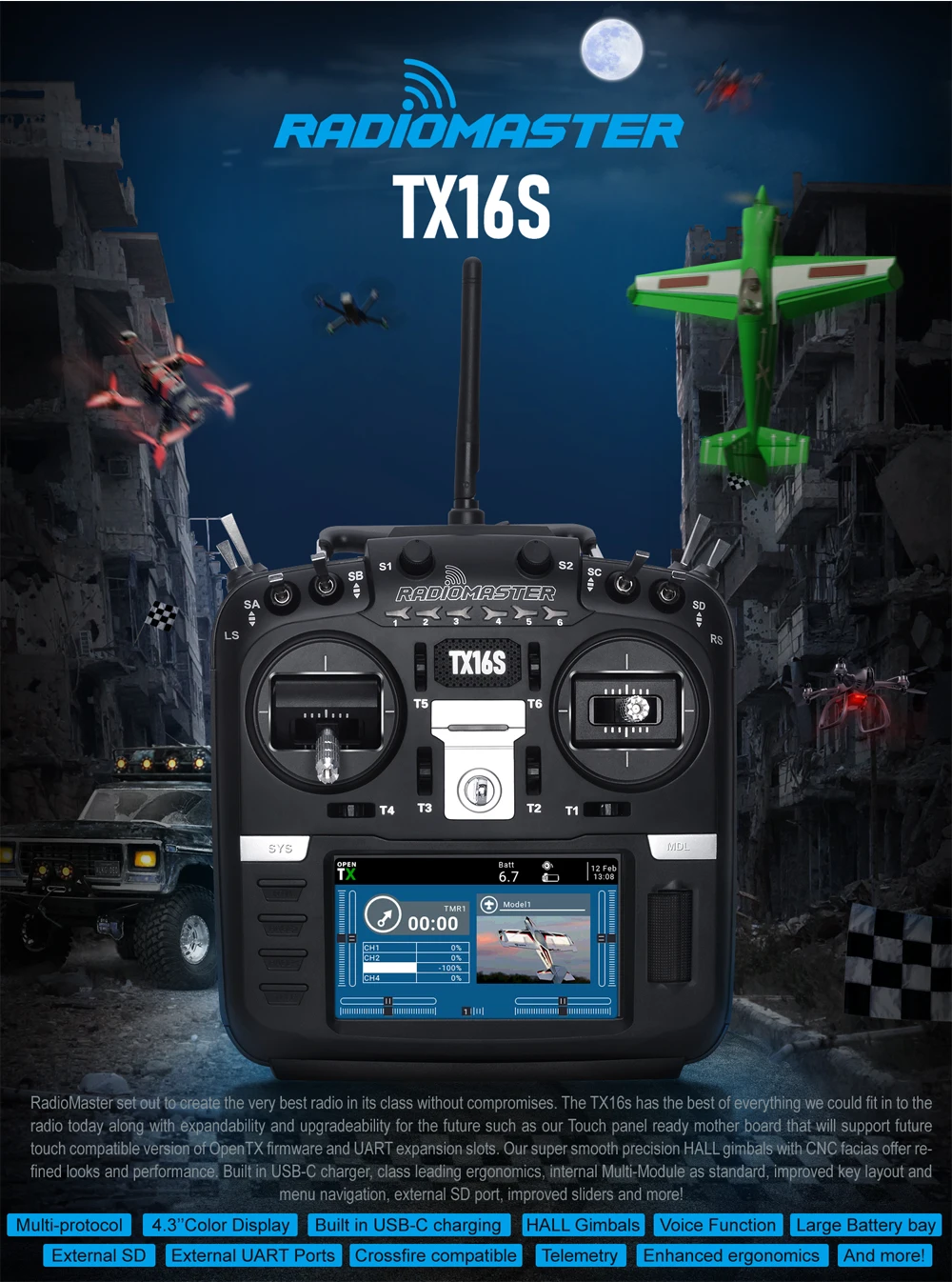 Original RadioMaster TX16S Battery - 2S 5000mAh Lipo Battery Frsky Multi Protocol Open Source Remote Control FPV Racing Drone 11 Original RadioMaster TX16S Battery, RadioMaster has built in USB-C charger, class leading ergonomics, internal Multi-Mod