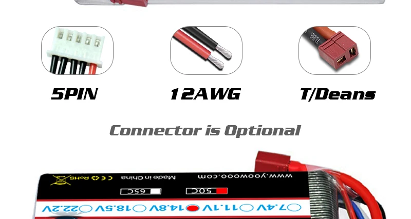 HRB Lipo 4S Battery, 4 SPIN 1ZAWG tideans Connector i5 Optional et 8