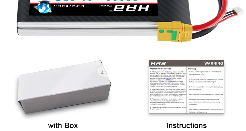 HRB Lipo 2S Battery, exh HAZ WARNING Octritieniien e[ with Box Instruction