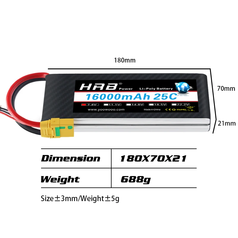 HRB Lipo 2S Battery, 180mm HAZ pote LiPol Batter 70mm n6ooomAh