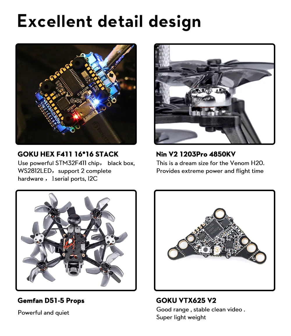 FLYWOO Venom H20 - 2'' Analog Mini Drone w/ ratel baby 2 F411 MPU600 1203 4850KV 10
