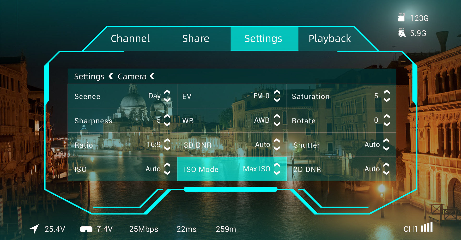 Walksnail Moonlight kit, 123G 5.96 Channel Share Settings Playback Settings Camera Scence Day EV EV