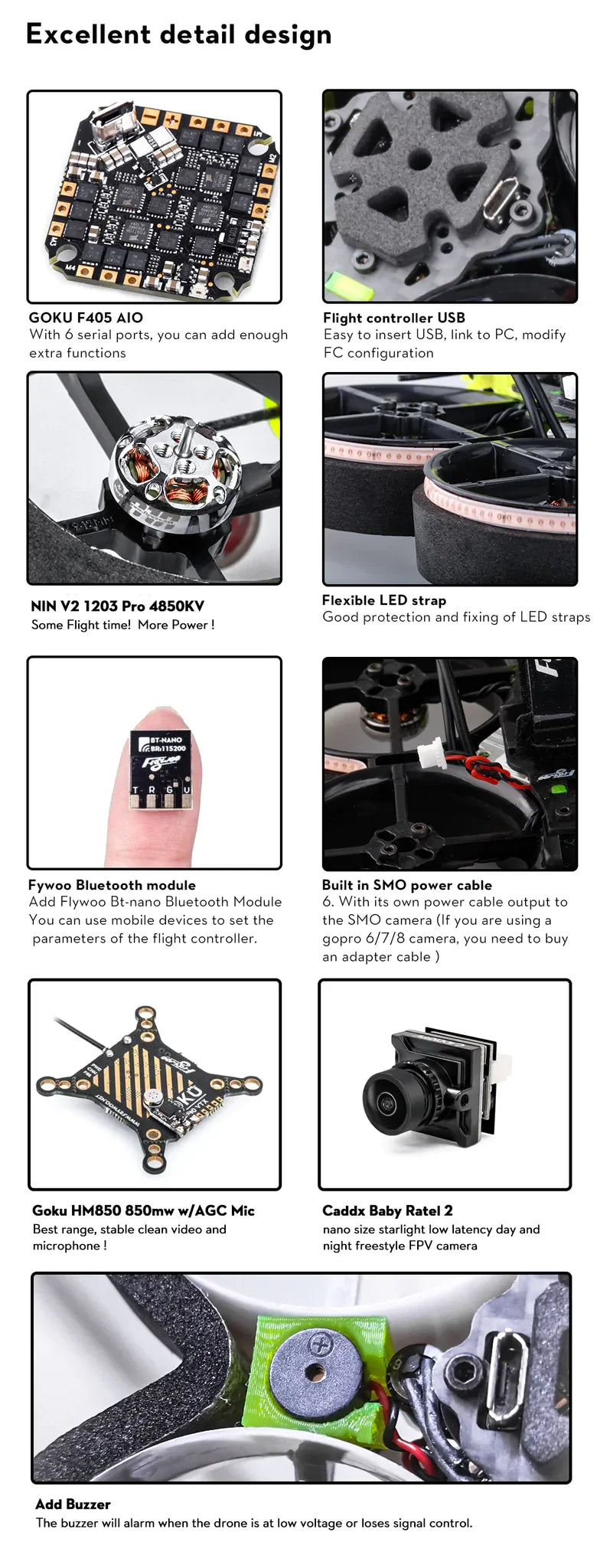 Flywoo CineRace20 V2 — аналоговый Pro с неоновой светодиодной подсветкой и Caddx Baby Ratel 2 FPV GOKU GN405S AIO 1203 PRO 4850KV 7 Flywoo CineRace20 V2, GOKU F405 AIO Flight controller USB With 6 serial ports; you can add