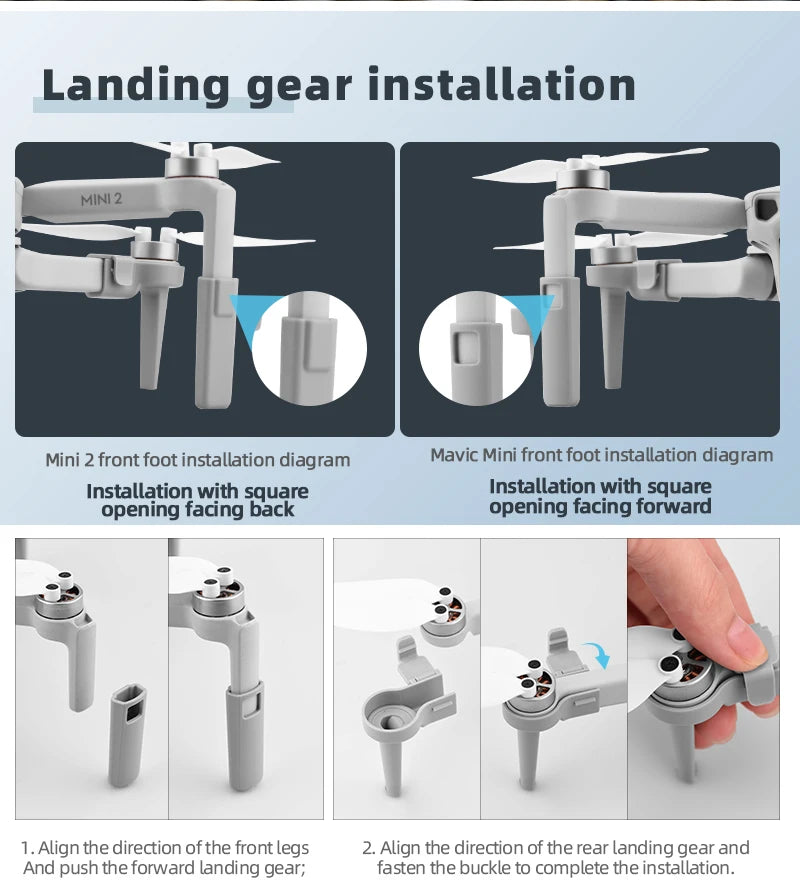 Mavic Mini 2 front foot installation diagram Installation with square facing back opening facing forward 1 Align